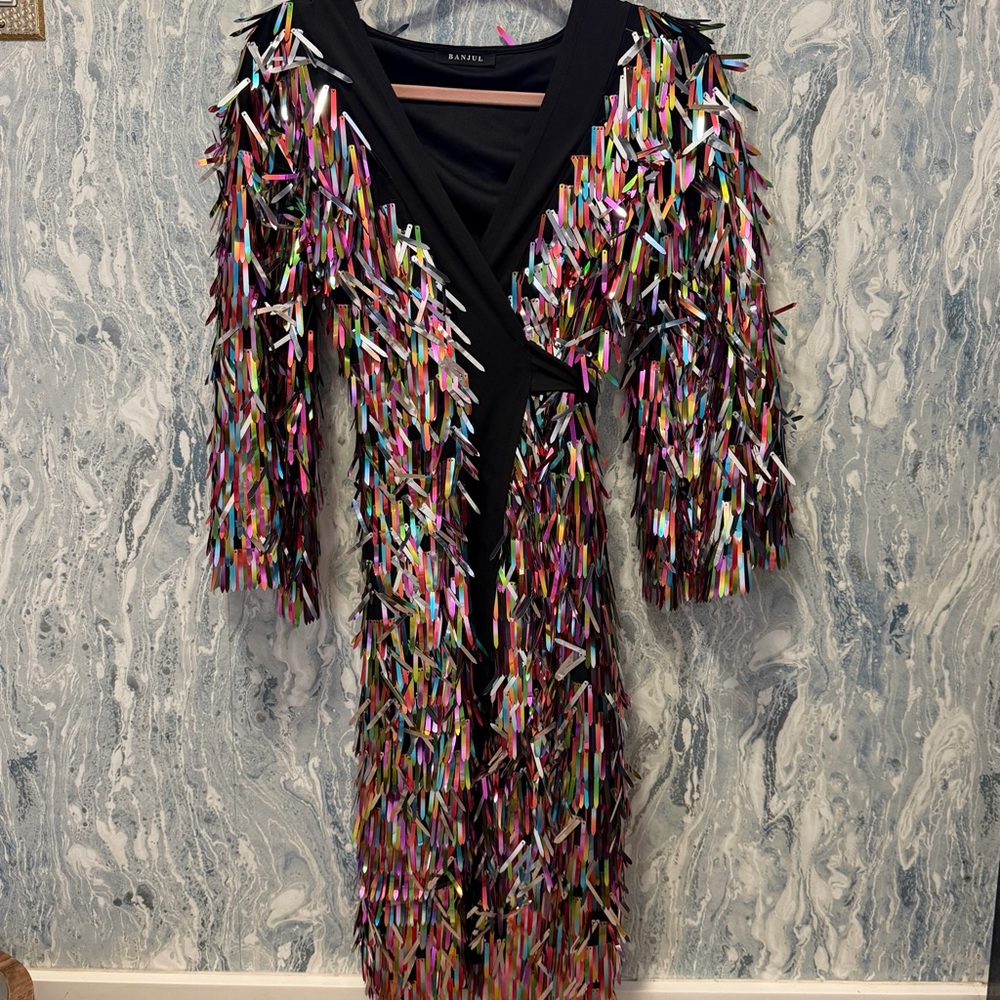 Banjul Black Long Sleeve Dress with Multicolor Sequin Fringe